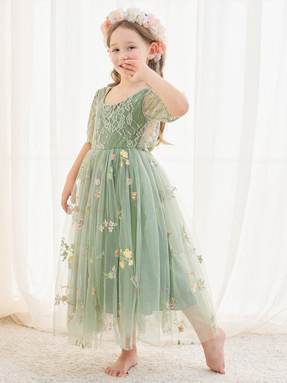 Sage Scoop Neck Cloth Surface and Tulle Flower Girl Dress (2003227581)