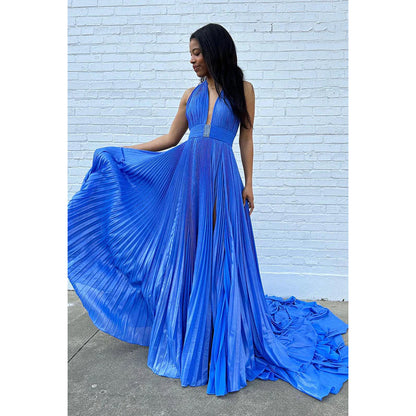 Simple & Casual A-Line Halter Sleeveless Side Slit Backless Holiday Party Prom Dress