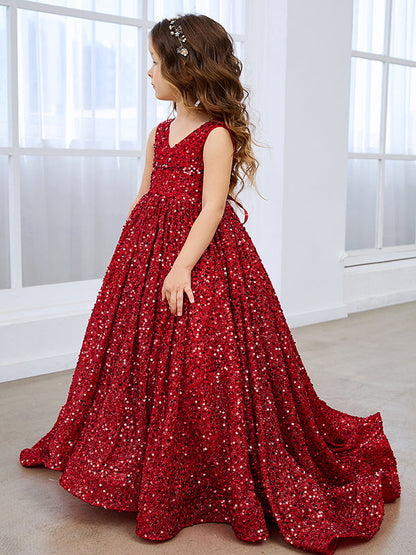 Dazzling Red Sequined Princess Ball Gown with V-Neck and Court Train for Girls