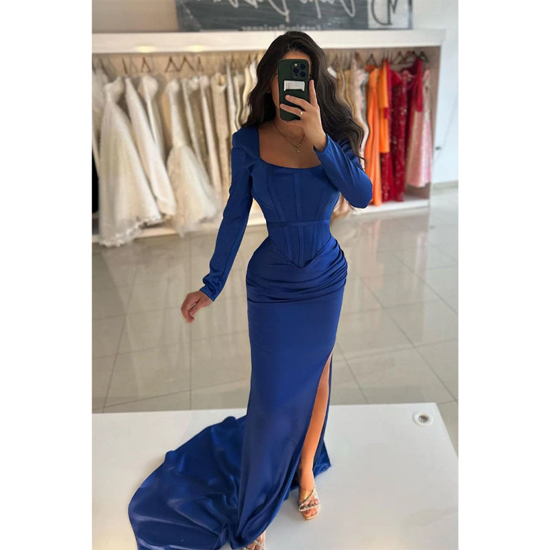 Sheath/column Square Pleats Long Sleeves Blue Prom Dress Party Dress