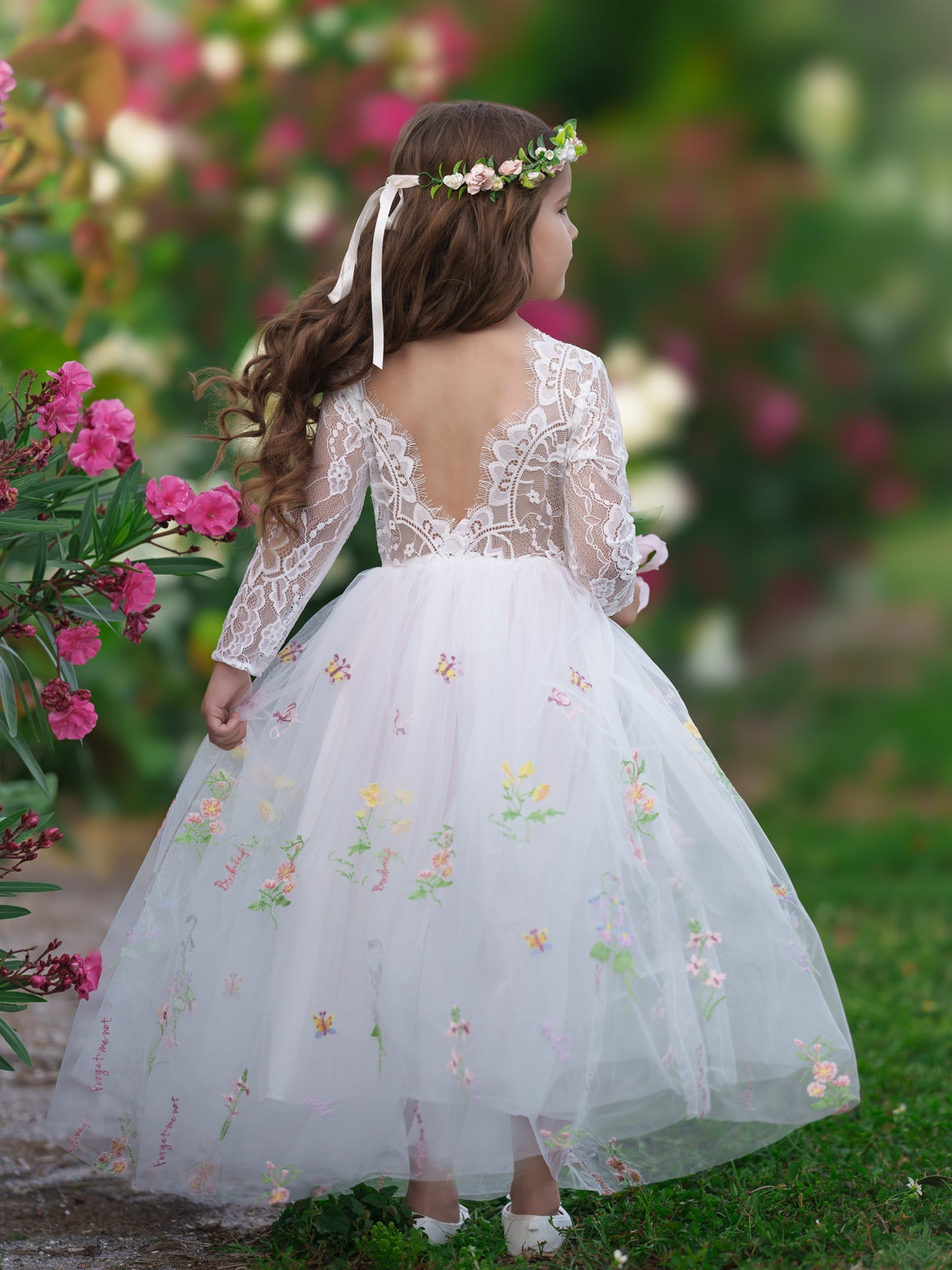 Floral Lace Embroidered Tulle A-Line Floor Length Garden Flower Girl Dress