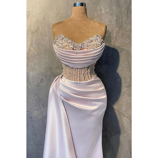 Plunging Strapless Beaded Illusion Long Prom Dress Evening Gowns