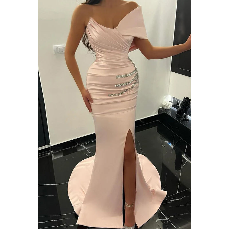 Simple Elegant Off-Shoulder Cap Sleeves Rhinestone Slit Trumpet Party Prom Dress