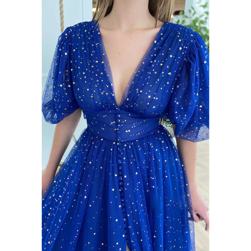 Plunging V-neck Half Sleeves Sparkly Formal Dress with Slit