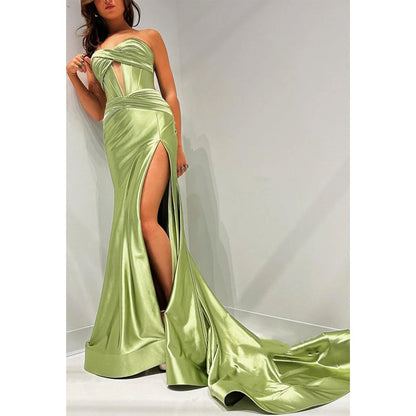 Trumpet Sweetheart Strapless Illusion Ruched with Side Slit Party Prom Evening Dress