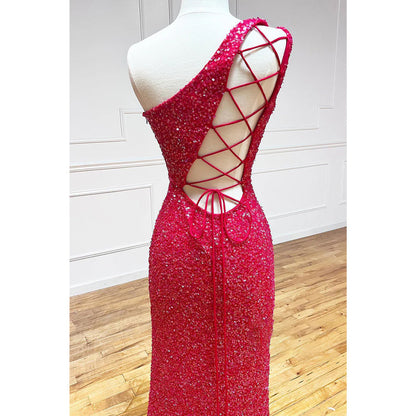 Unique One Shoulder Sequins Sparkly Prom Dress