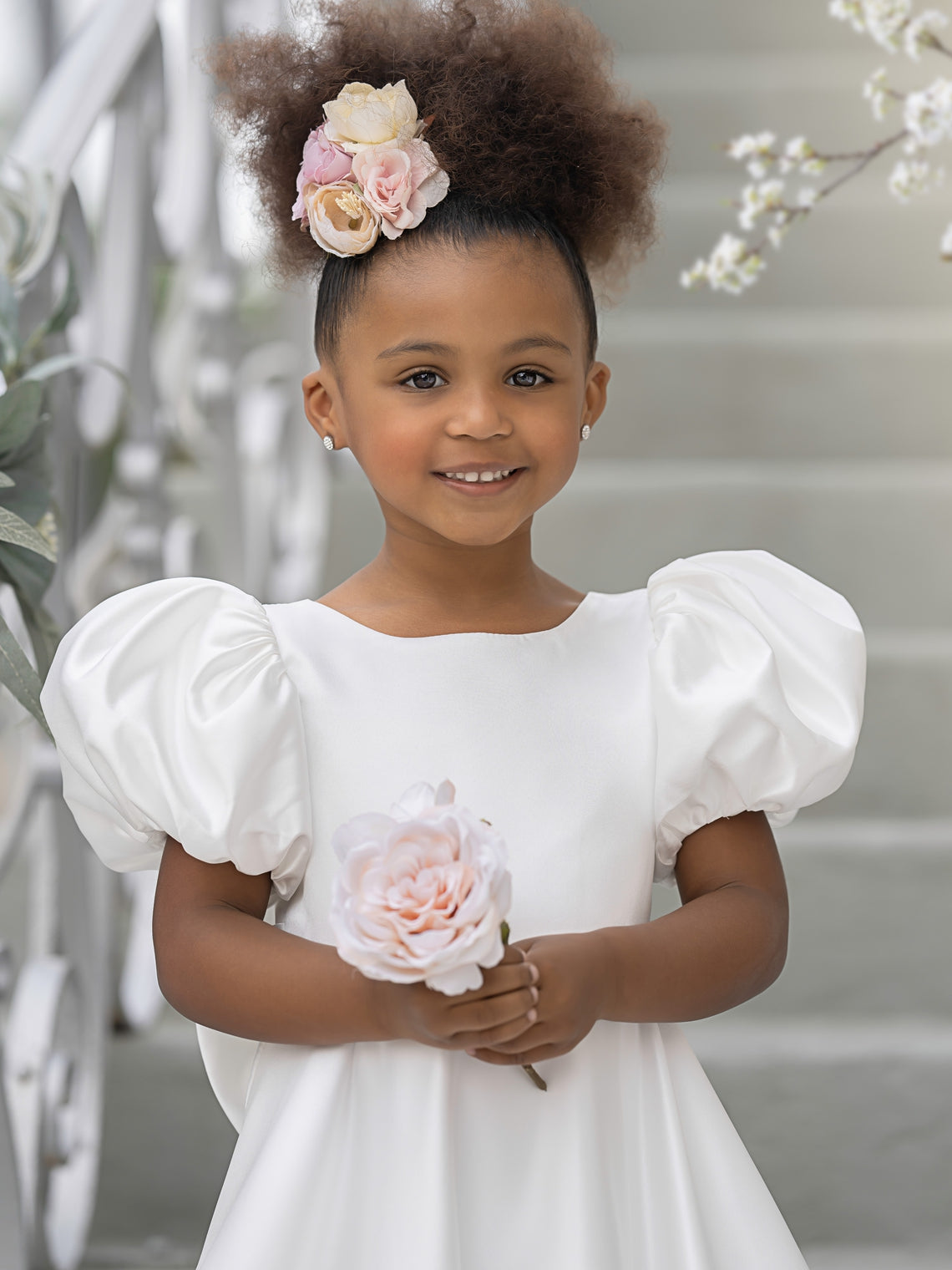 Puff Sleeve Bow Button Back Sweep Train Flower Girl Dress