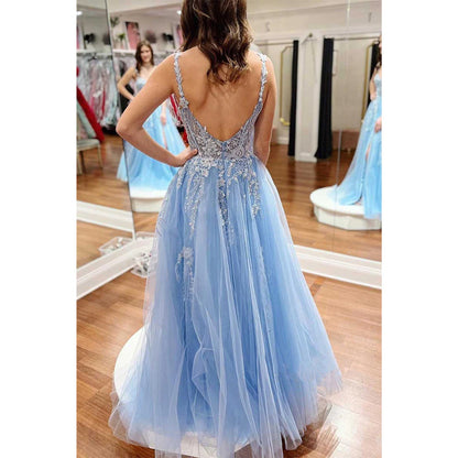 Tulle A-line Illusion Appliques with Side Slit Party Prom Evening Dress