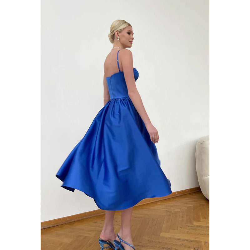 Simple Sweetheart Sleeveless Ruched Satin A-Line Midi Evening Party Dress