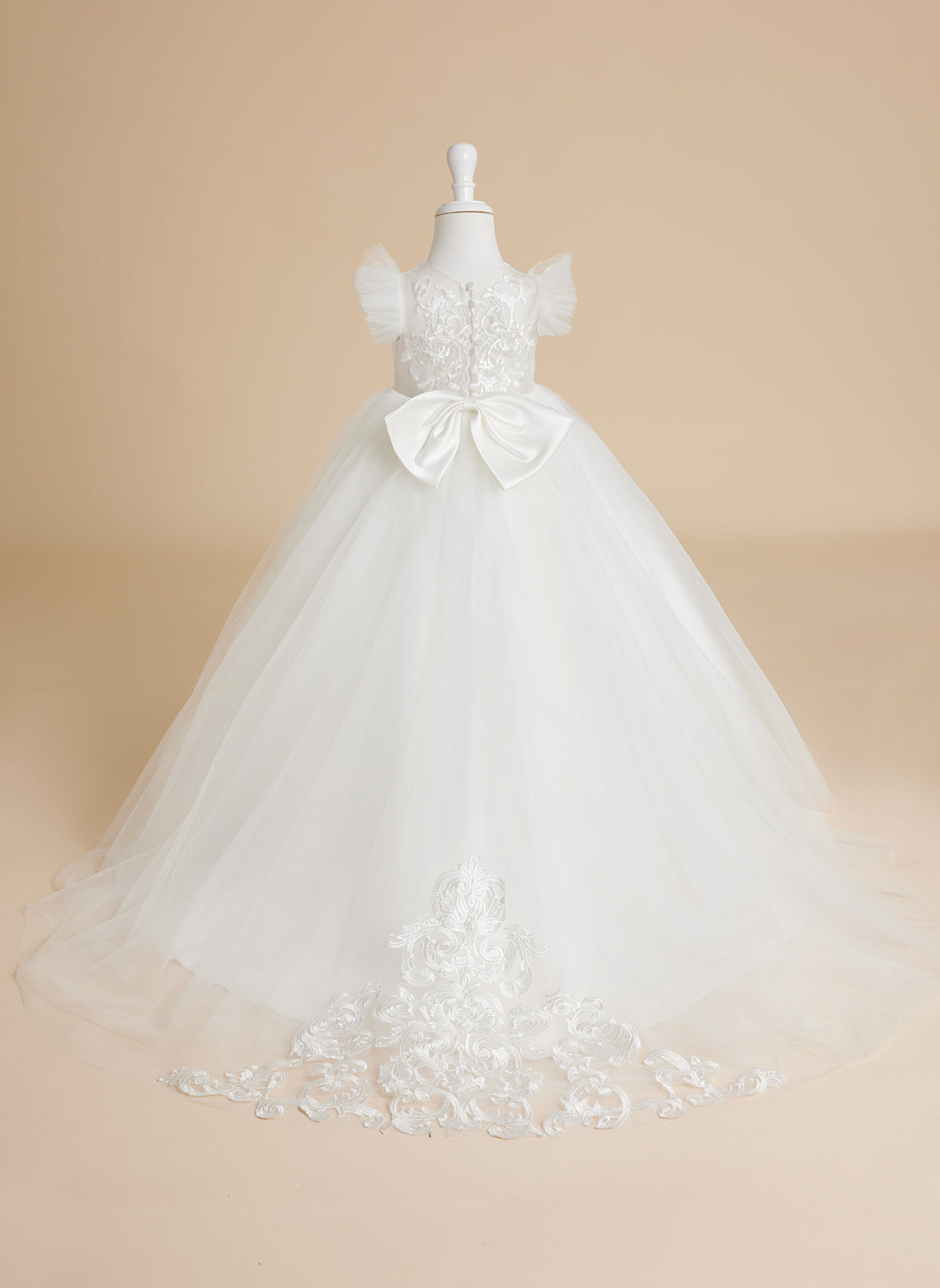 Ivory Princess Ball Gown with Lace Appliques and Tulle Court Train for Girls