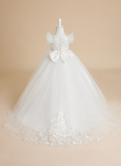 Ivory Princess Ball Gown with Lace Appliques and Tulle Court Train for Girls