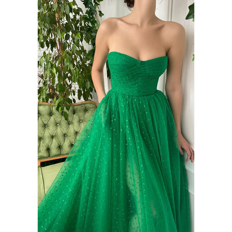 Sheath/Column Strapless Chiffon Appliques Split Sleeveless Prom Dress