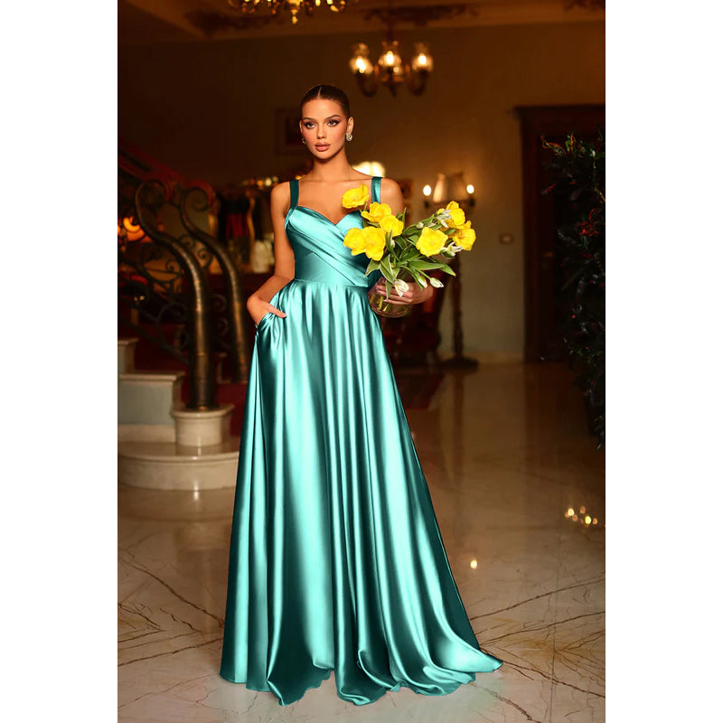 Simple V-Neck Sleeveless Ruched Satin A-Line Long Prom Evening Dress