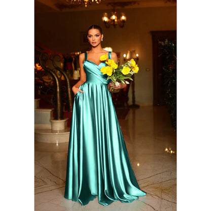 Simple V-Neck Sleeveless Ruched Satin A-Line Long Prom Evening Dress