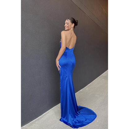 Sheath/Column One Shoulder Satin Pleats Backless Sleeveless Evening Dress