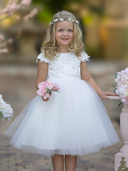 Satin Tulle Tea-length Ivory First Communion Flower Girl Dress