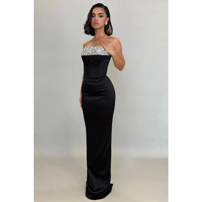 Sheath/column Strapless Beaded Black Long Prom Dress Evening Gowns