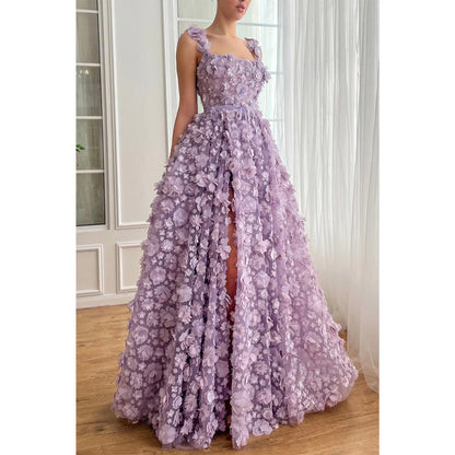 Tulle A-line Square Floral Appliqued with Side Slit Party Prom Evening Dress