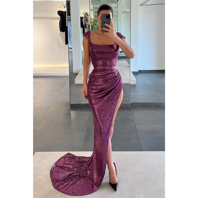 Unique Cap Sleeves Side Slit Sparkly Prom Dress