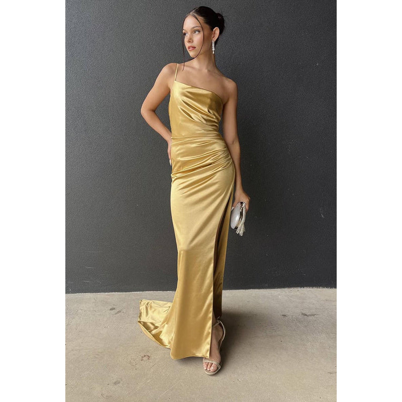 Sheath/Column One Shoulder Satin Pleats Backless Sleeveless Evening Dress