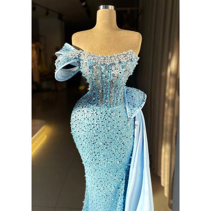 Elegant & Luxurious Blue One Shoulder Beaded Embroidered Prom Dress