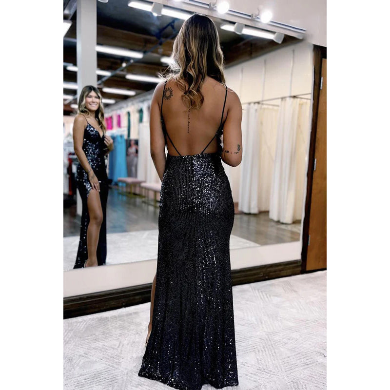 Sexy & Hot Spaghetti Straps V-Neck Sequins Sheath Slit Backless Evening Party Prom Dress