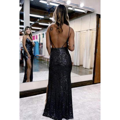 Sexy & Hot Spaghetti Straps V-Neck Sequins Sheath Slit Backless Evening Party Prom Dress