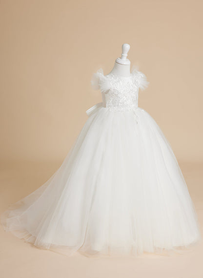 Ivory Princess Ball Gown with Lace Appliques and Tulle Court Train for Girls