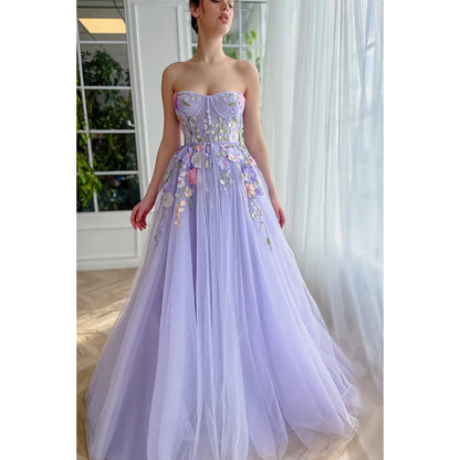 Strapless Floral Appliqued Tulle A-Line Long Prom Evening Dress