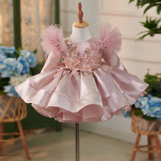 Satin Tulle Knee-length 1st Birthday Party Baby Girl Dress