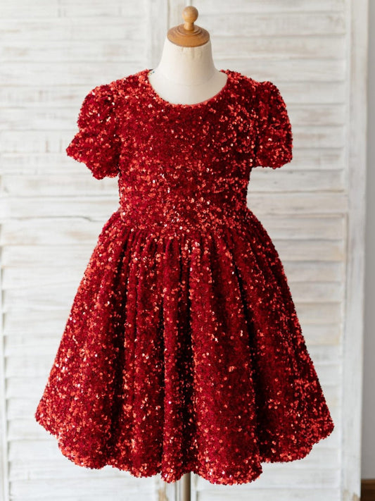 Sequins Velvet Knee-length Burgundy Dress (2003227629)