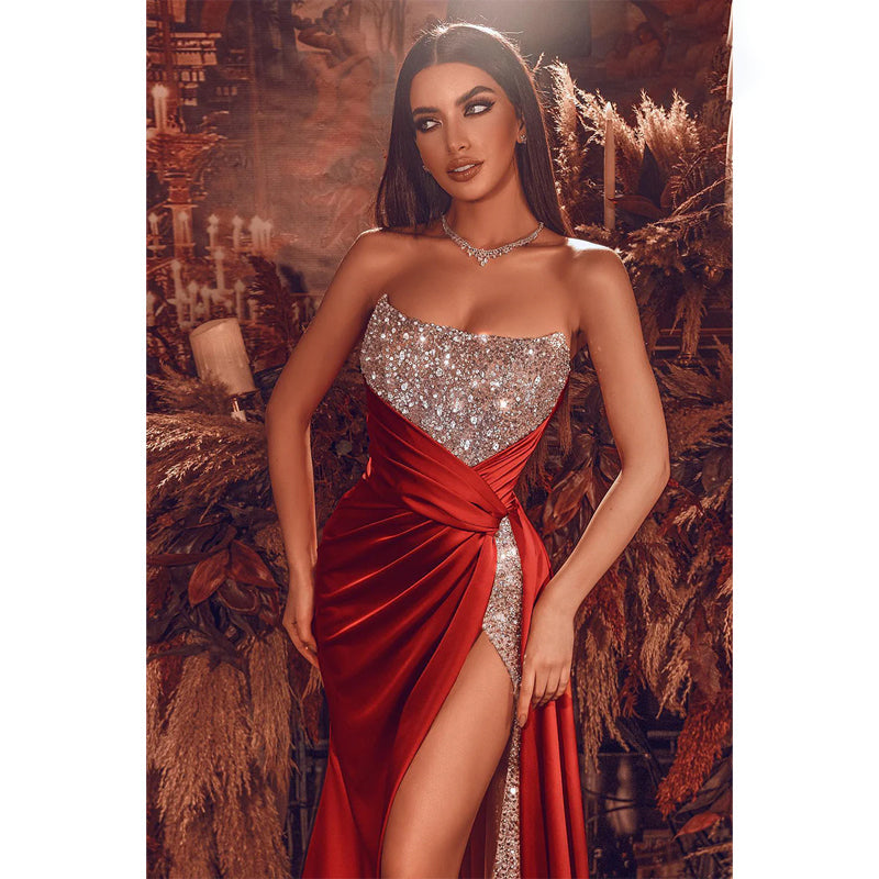 Strapless Beaded High Split Red Formal Evening Gowns