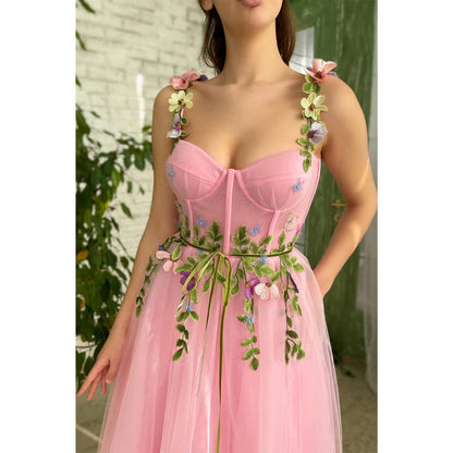 Spaghetti Straps Sweetheart 3d Appliques Pink Prom Dress with Pockets