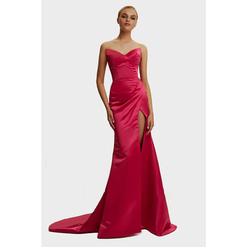 Sheath/column Sweetheart Satin Pleats Long Prom Party Dress with Slit