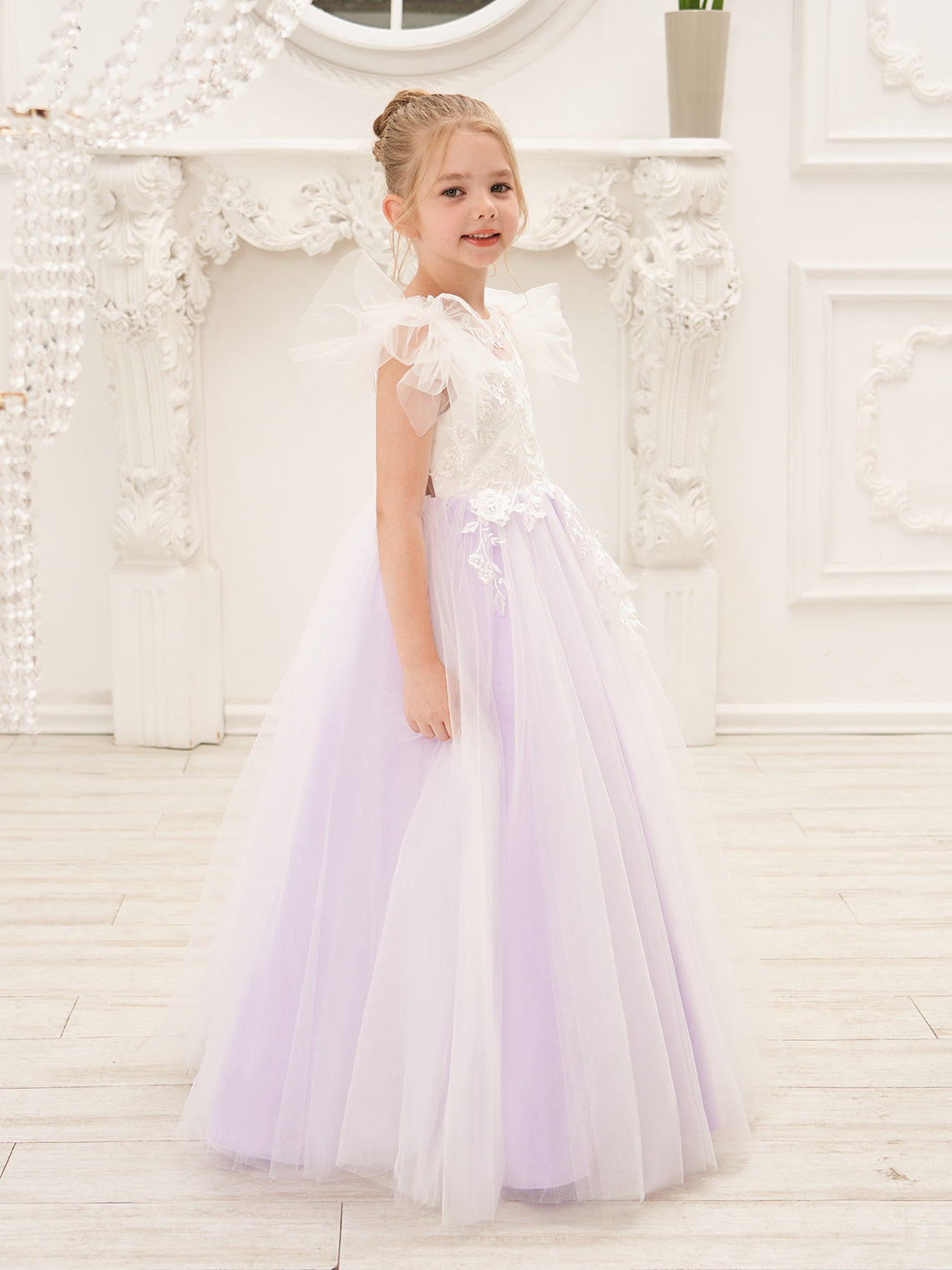 Detachable  Lace Tulle Sweep Train Flower Girl Dress