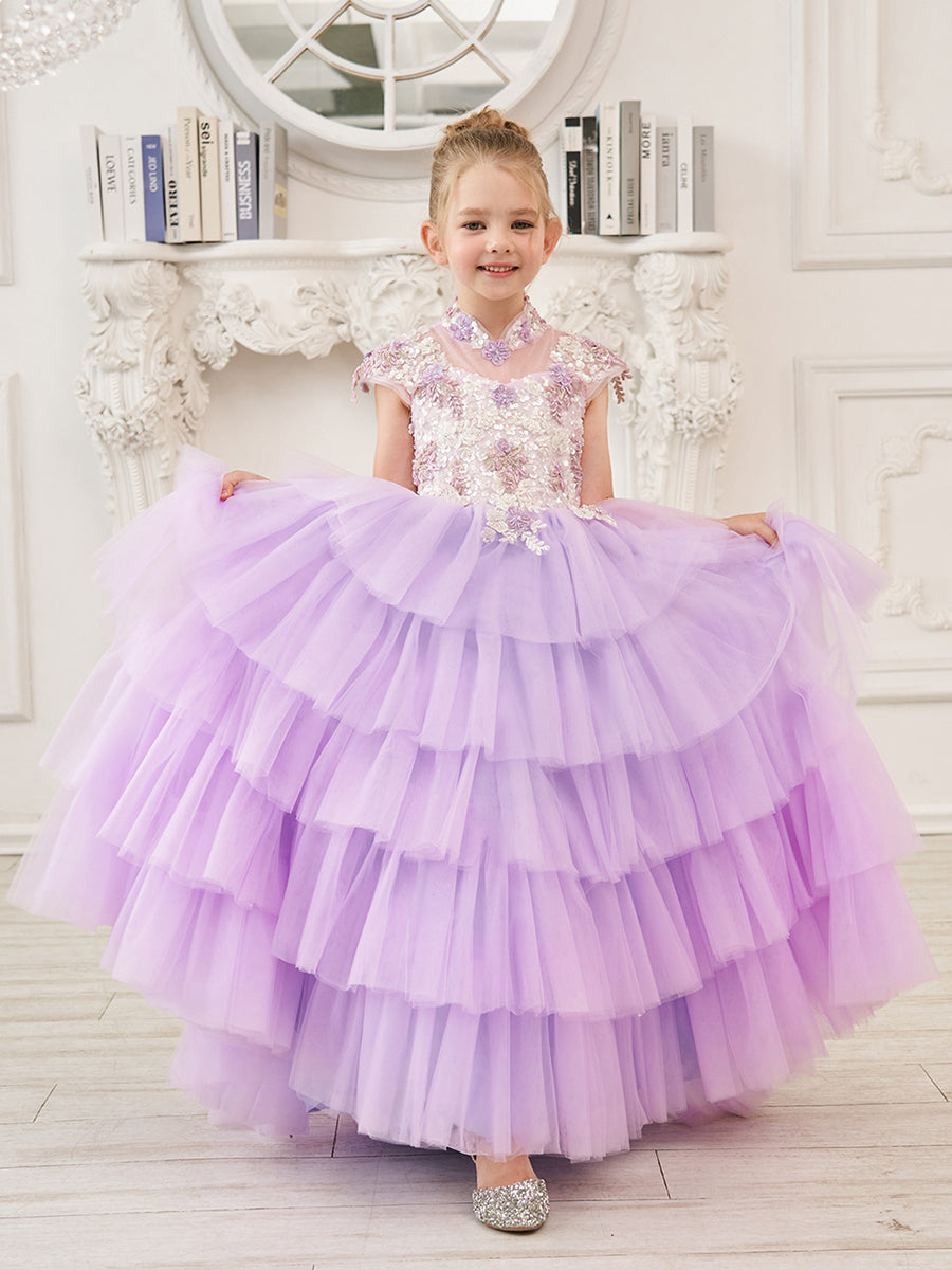 Lilac Tulle Princess Ball Gown with Floral Appliques and Beading for Girls