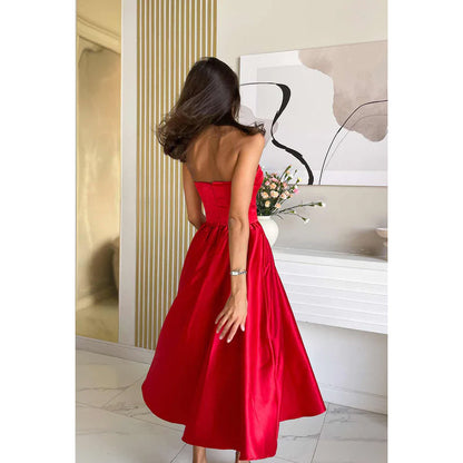 Simple Sweetheart Sleeveless Ruched Satin A-Line Midi Evening Party Dress