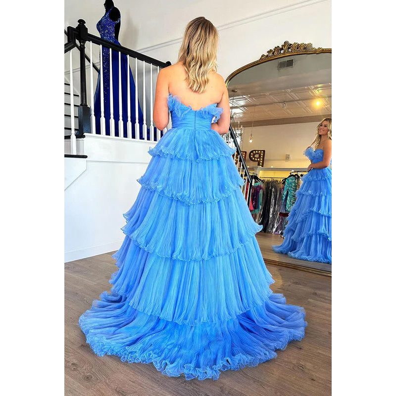 Strapless Ruched Tulle A-Line Long Prom Gown With Sweep Train