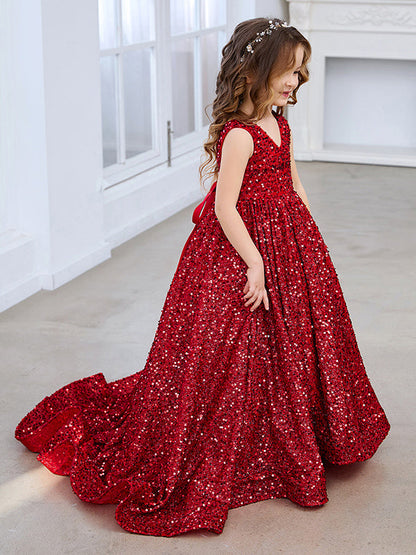 Dazzling Red Sequined Princess Ball Gown with V-Neck and Court Train for Girls