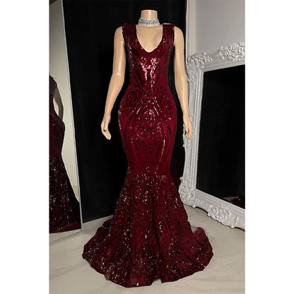 Sexy V-Ausschnitt Pailletten Applikationen Meerjungfrau Ballkleid Schwarzes Mädchen für Slay