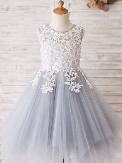 Lace Tulle Floor-length Blue Flower Girl Dress