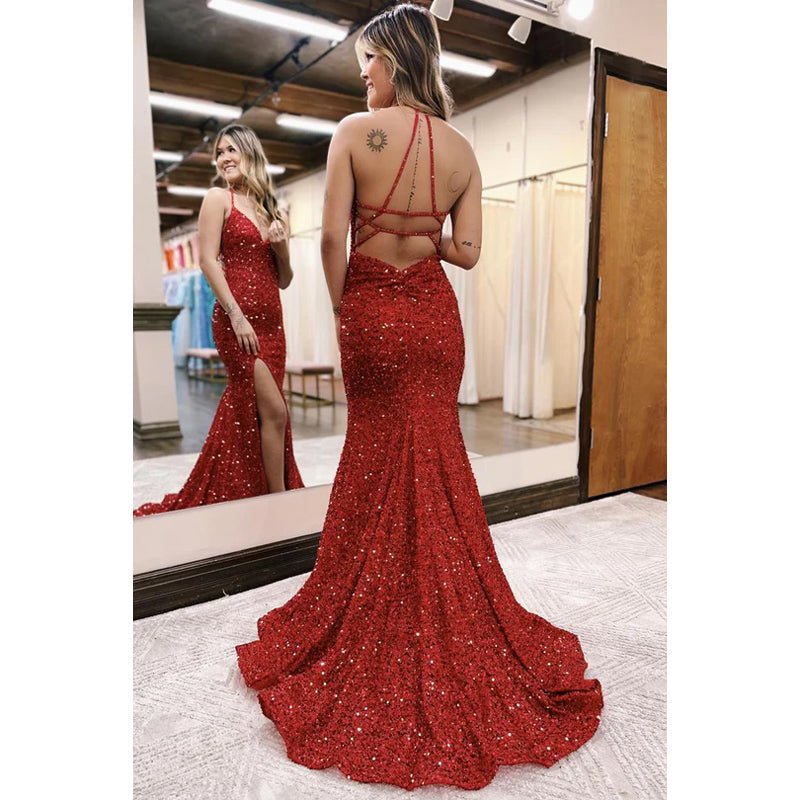 NumberSea - Backless Straps V Neck Mermaid Slit Sequined Party Prom Dress