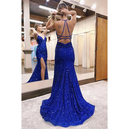 NumberSea - Backless Straps V Neck Mermaid Slit Sequined Party Prom Dress