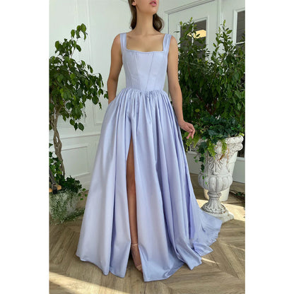 Double Straps Scoop High Split Satin A-line Long Prom Dress with Pockets