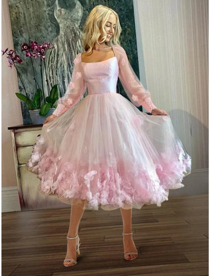 NumberSea - Ball Gown A - Line Homecoming Dresses Floral Dress Cocktail Party Tea Length Long Sleeve Off Shoulder Tulle Ladder Back with Butterfly