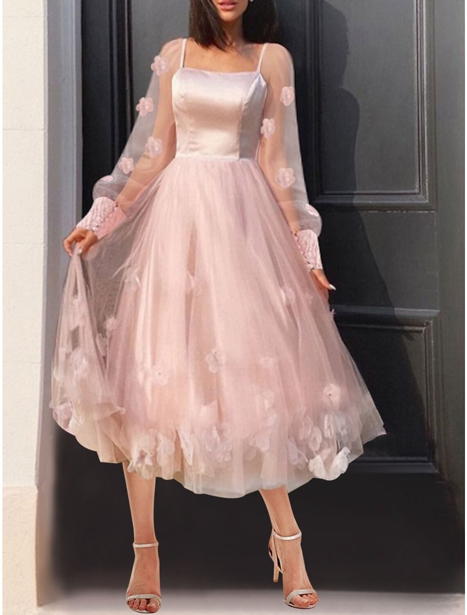 NumberSea - Ball Gown A - Line Homecoming Dresses Floral Dress Cocktail Party Tea Length Long Sleeve Off Shoulder Tulle Ladder Back with Butterfly