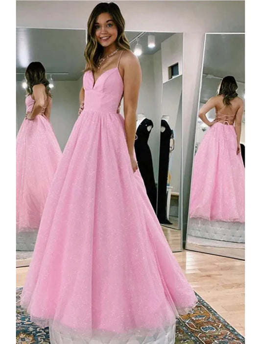 NumberSea - Ball Gown A - Line Prom Dresses Glittering Dress Formal Floor Length Sleeveless V Neck Tulle Backless with Pleats