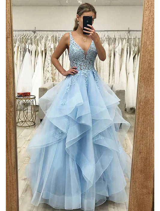 NumberSea - Ball Gown A - Line Prom Dresses Princess Dress Formal Floor Length Sleeveless V Neck Tulle Backless with Pleats Ruched Appliques