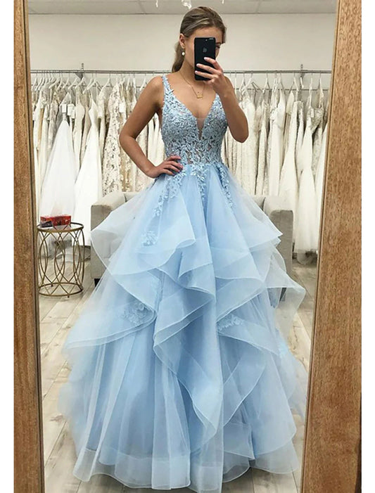 NumberSea - Ball Gown A - Line Prom Dresses Princess Dress Formal Wedding Guest Floor Length Sleeveless V Neck Tulle Backless with Pleats Ruched Appliques