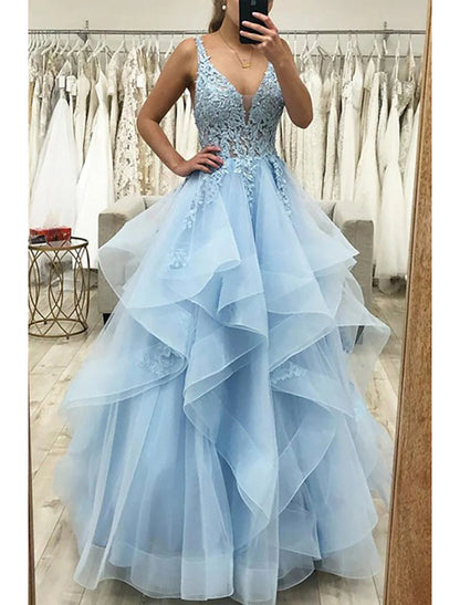 NumberSea - Ball Gown A - Line Prom Dresses Princess Dress Formal Wedding Guest Floor Length Sleeveless V Neck Tulle Backless with Pleats Ruched Appliques